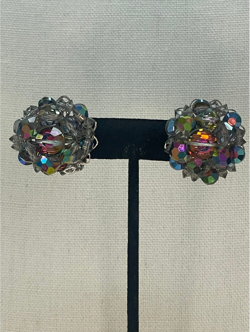 Vintage colored aurora borealis silver tone color clip earrings